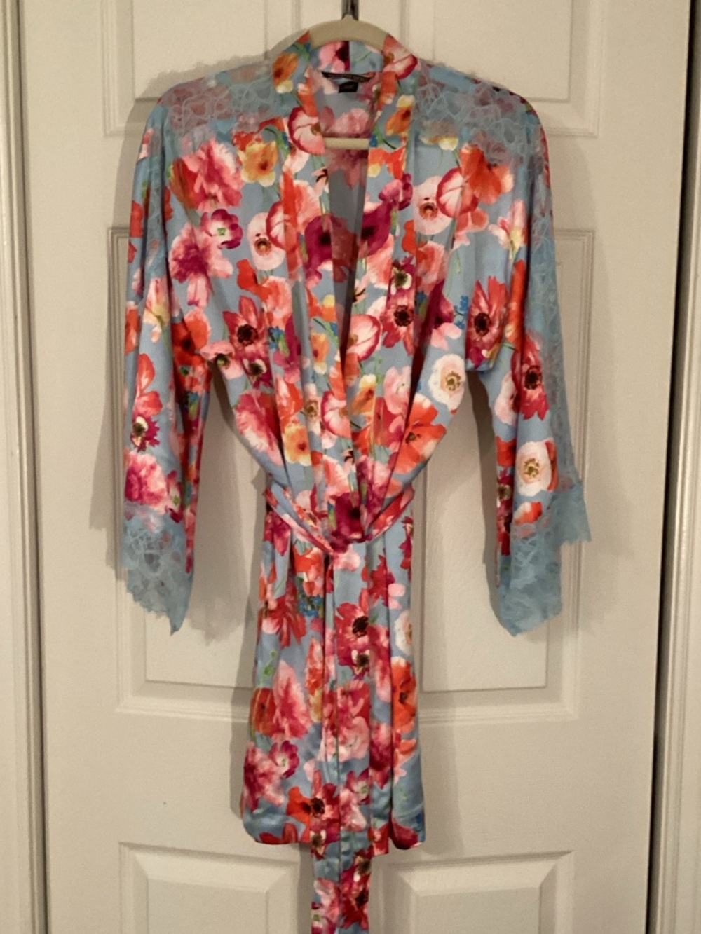 Victoria's Secret Light Blue Floral Satin Robe with Lace Trim